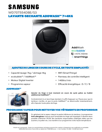 Product information | Samsung WD70T554DBE Lave linge séchant hublot Product fiche | Fixfr