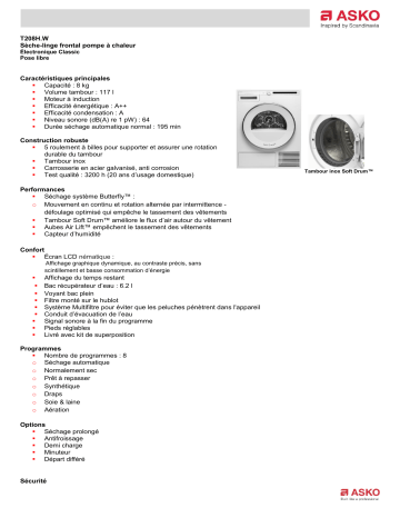 Product information | Asko T208H.W Sèche linge pompe à chaleur Product fiche | Fixfr