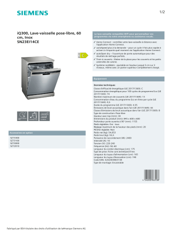 Product information | Siemens SN23EI14CE Lave vaisselle 60 cm Product fiche | Fixfr
