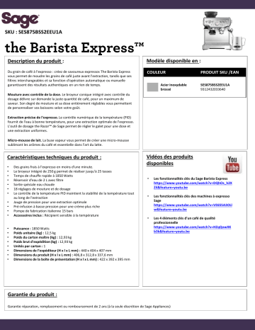 Product information | Sage Appliances Barista Express Expresso broyeur Product fiche | Fixfr