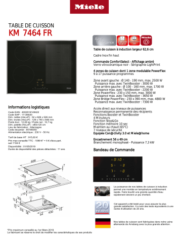 Product information | Miele KM 7464 FR Table induction Product fiche | Fixfr