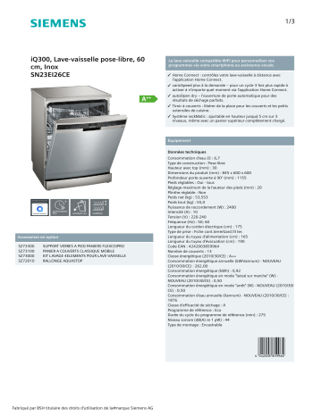 Product information | Siemens SN23EI26CE Lave vaisselle 60 cm Product fiche | Fixfr