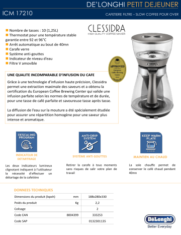 Product information | Delonghi ICM17210 Clessidra Cafetière filtre Product fiche | Fixfr
