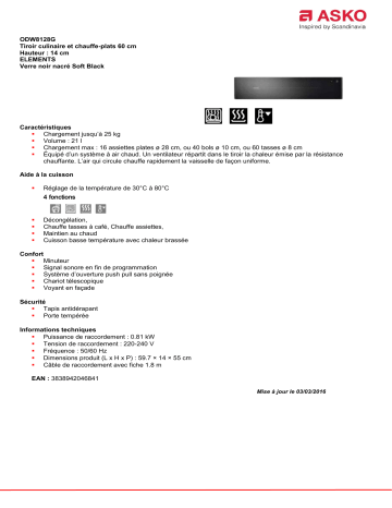 Product information | Asko ODW8128G Tiroir Chauffant Product fiche | Fixfr