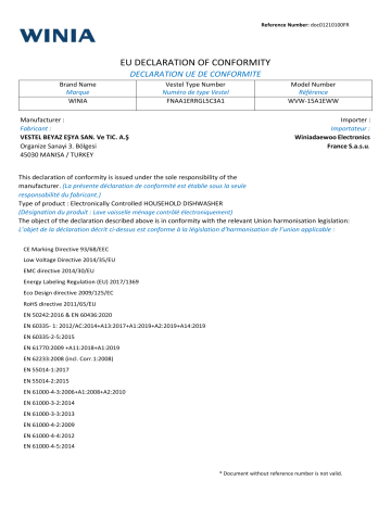 Product information | Winia WVW-15A1EWW Lave vaisselle 60 cm Product fiche | Fixfr
