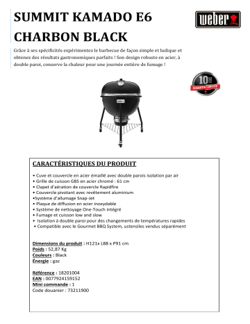 Product information | Weber SUMMIT KAMADO E6 Barbecue charbon Product fiche | Fixfr