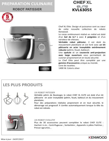 Product information | Kenwood KVL6305S Chef XL Elite Robot pâtissier Product fiche | Fixfr