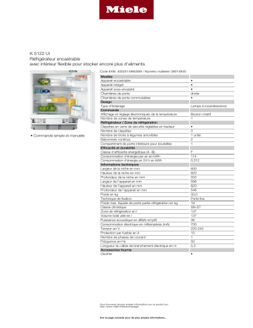 Product information | Miele K 5122 Ui Mini réfrigérateur Product fiche | Fixfr