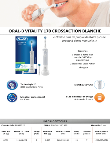 Product information | Oral-B Vitality 170 Cross Action blanche Brosse à dents électrique Product fiche | Fixfr