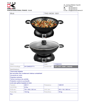 Product information | Kalorik TKG WOK 1001 Product fiche | Fixfr