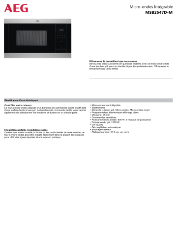 Product information | AEG MSB2547D-M Micro-ondes encastrable Product fiche | Fixfr