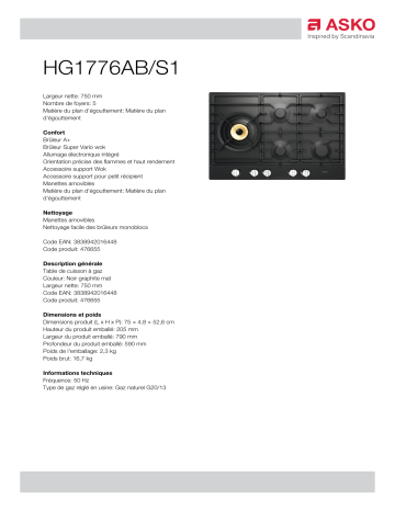 Product information | Asko HG1776AB/S1 Table gaz Product fiche | Fixfr