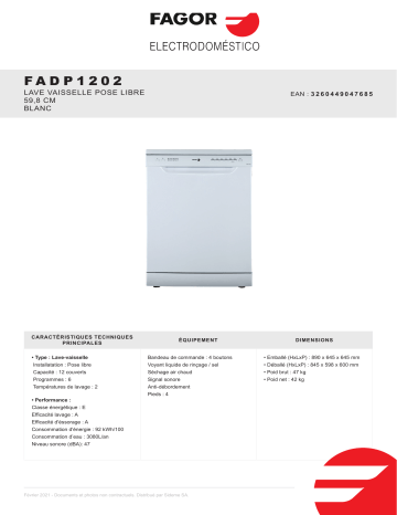 Product information | Fagor FADP1202 Lave vaisselle 60 cm Product fiche | Fixfr