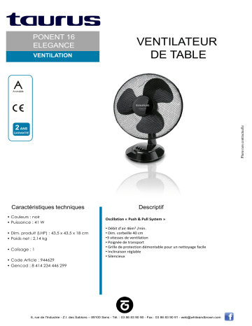 Product information | Taurus PONENT 16 ELEGANCE Ventilateur Product fiche | Fixfr