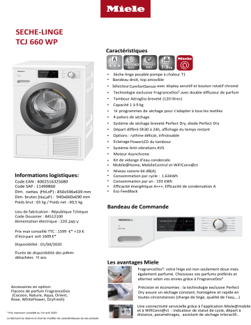 Product information | Miele TCJ 660 WP Sèche linge pompe à chaleur Product fiche | Fixfr