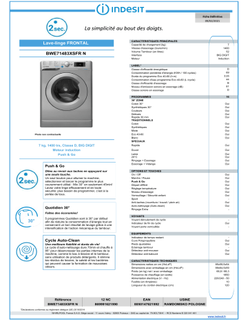 Product information | Indesit BWE71483XSFRN Lave linge hublot Product fiche | Fixfr