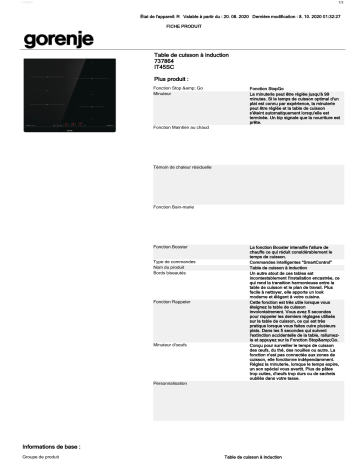 Product information | Gorenje IT45SC Table induction Product fiche | Fixfr