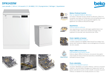Product information | Beko DFN1420W Lave vaisselle 60 cm Manuel utilisateur | Fixfr