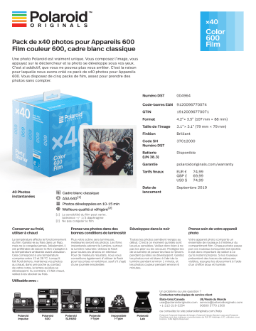 Product information | Polaroid Color film for 600 (x40) Papier photo instantané Product fiche | Fixfr