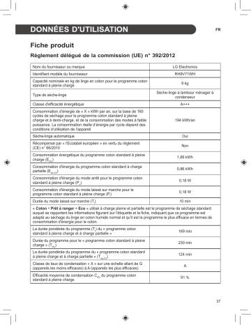 Product information | LG RH9V71WH Sèche linge pompe à chaleur Product fiche | Fixfr