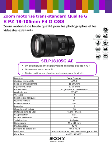 Product information | Sony SEL 18-105mm f4 G motorisé Objectif pour Hybride Product fiche | Fixfr