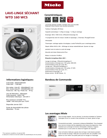 Product information | Miele WTD 160 WCS Lave linge séchant hublot Product fiche | Fixfr