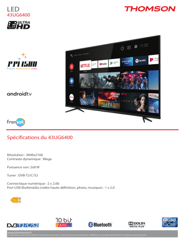 Product information | Thomson 43UG6400 Android TV TV LED Product fiche | Fixfr