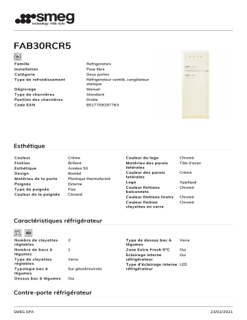 Product information | Smeg FAB30RCR5 Réfrigérateur combiné Product fiche | Fixfr