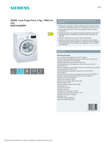 Product information | Siemens WM14UQ09FF Lave linge hublot Product fiche | Fixfr