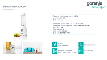 Product information | Gorenje BSM 600 CLW + 2 gourdes Blender Product fiche | Fixfr