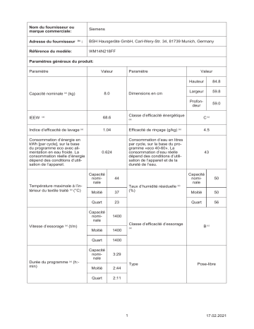 Product information | Siemens WM14N218FF Lave linge hublot Product fiche | Fixfr