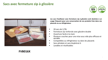 Product information | Food Saver FVB016X01 lot 20 sacs avec Zip 3.79L Sac de conservation Product fiche | Fixfr