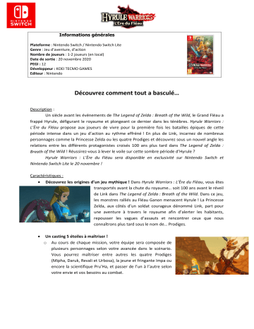 Product information | Nintendo Hyrule Warriors L'ère du Fléau Jeu S Product fiche | Fixfr