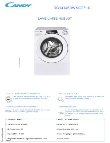 Product information | Candy RO14146DWMCE/1-S Lave linge hublot Product fiche | Fixfr
