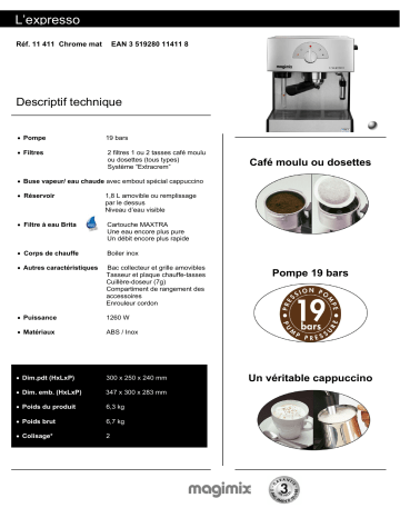 Product information | Magimix 11411 CHROME MAT Machine à expresso Product fiche | Fixfr