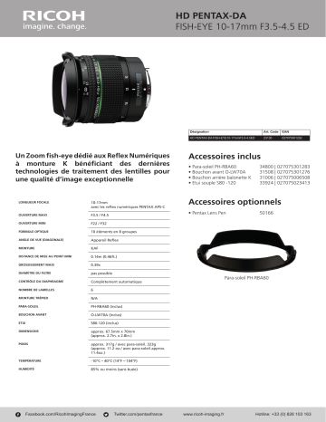 Product information | Pentax HD DA10-17mm Fish-eye f/3.5-4.5 ED IF Objectif pour Reflex Product fiche | Fixfr