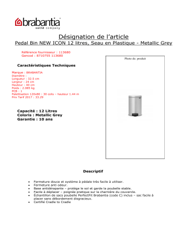 Product information | Brabantia à pédale NewIcon 12L MetallicGrey Silent Poubelle manuelle Product fiche | Fixfr