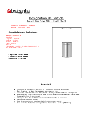 Product information | Brabantia Touch bin 40L Matt Steel Poubelle manuelle Product fiche | Fixfr