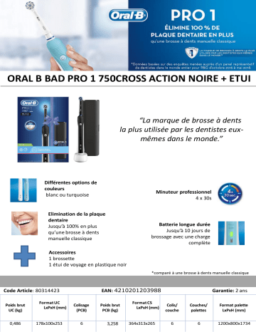 Product information | Oral-B PRO1-750 Cross Action Brosse à dents électrique Product fiche | Fixfr