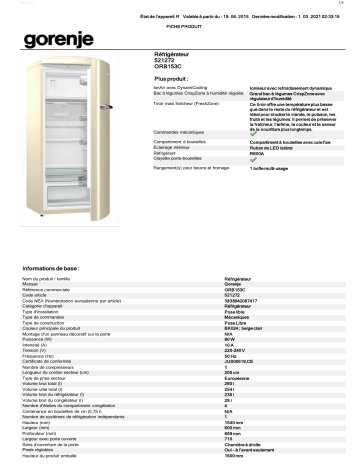 Product information | Gorenje ORB153C CREME Réfrigérateur 1 porte Product fiche | Fixfr