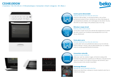 Product information | Beko CSS48100GW Cuisinière vitrocéramique Product fiche | Fixfr