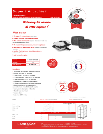 Product information | Lagrange Super 2 Gaufres Blanc Croque, gaufrier, gaufrette Product fiche | Fixfr