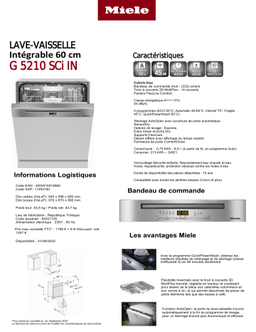 Product information | Miele G 5210 SCi Inox Lave vaisselle encastrable Product fiche | Fixfr