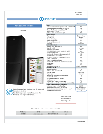 Product information | Indesit LI8S1EK Réfrigérateur combiné Product fiche | Fixfr