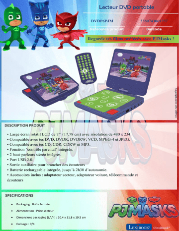 Product information | Lexibook DVDP6PJM Pyjamasques Lecteur DVD portable Product fiche | Fixfr