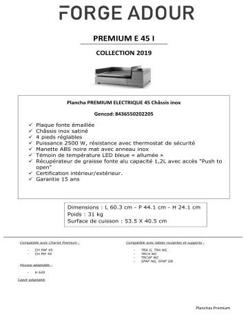 Product information | Forge Adour Premium E45 Inox Plancha électrique Product fiche | Fixfr