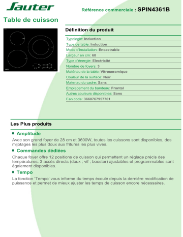 Product information | Sauter SPIN4361B Table induction Product fiche | Fixfr