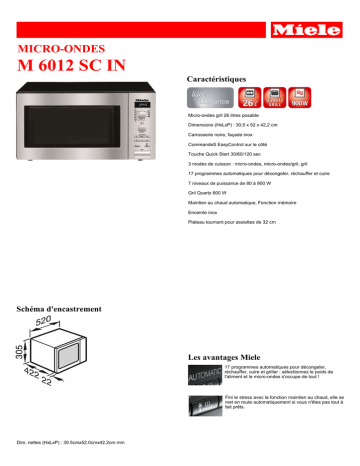 Product information | Miele M 6012 SC IN Micro ondes gril Product fiche | Fixfr