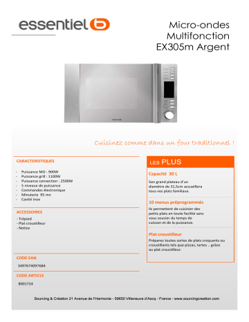 Product information | Essentielb EX305m Micro ondes combiné Product fiche | Fixfr
