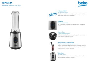 Product information | Beko TBP7354X ProVitality Inox Blender Product fiche | Fixfr